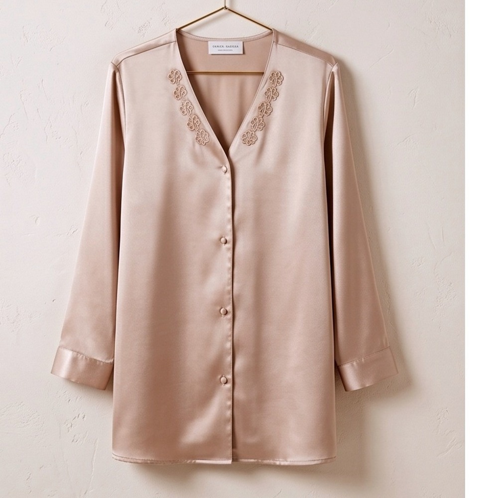 Mystique Intimates 1X Champagne Beige Satin Pajama Top Vintage Hollywood Glam